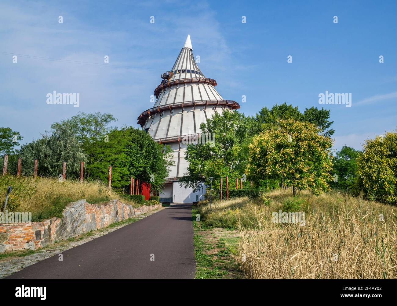 view of the Jahrtausendturm ( millennium tower), with 60 m one of the highest wooden towers in the world, exhibiting the development of sciences, situ Stock Photo