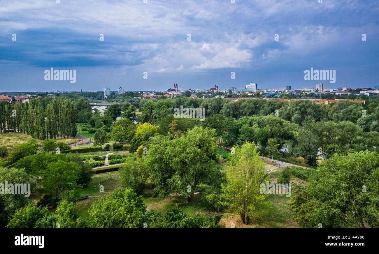 view of Elbauenpark and the city of Magdeburg from the top of the millennium tower, Saxony-Anhalt, Germany Stock Photo