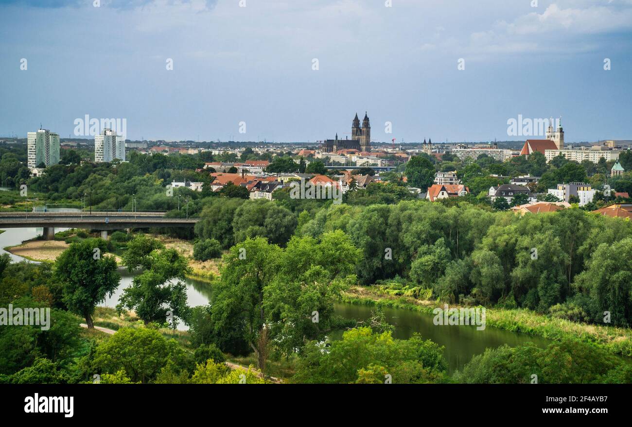 view of Elbauenpark and the city of Magdeburg from the top of the millennium tower, Saxony-Anhalt, Germany Stock Photo