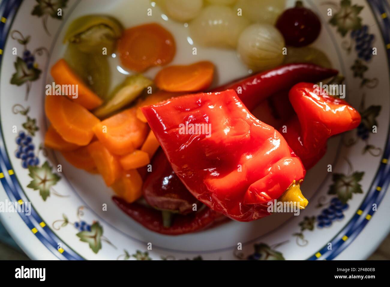 Top view on traditional serbian winter stores pickled vegetables in plate Stock Photo