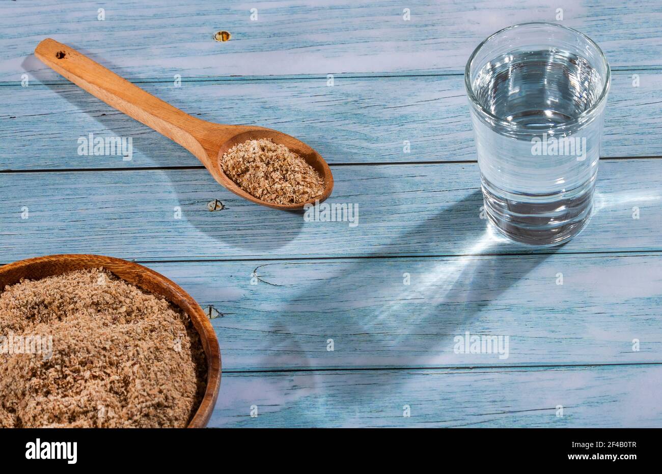 Soy fiber based food powder with psyllium Glass of water Stock Photo