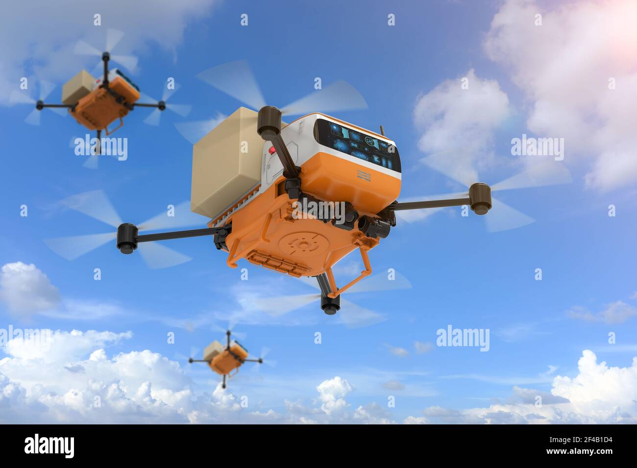 Automation warehouse concept with 3d rendering delivery drone or robot ...