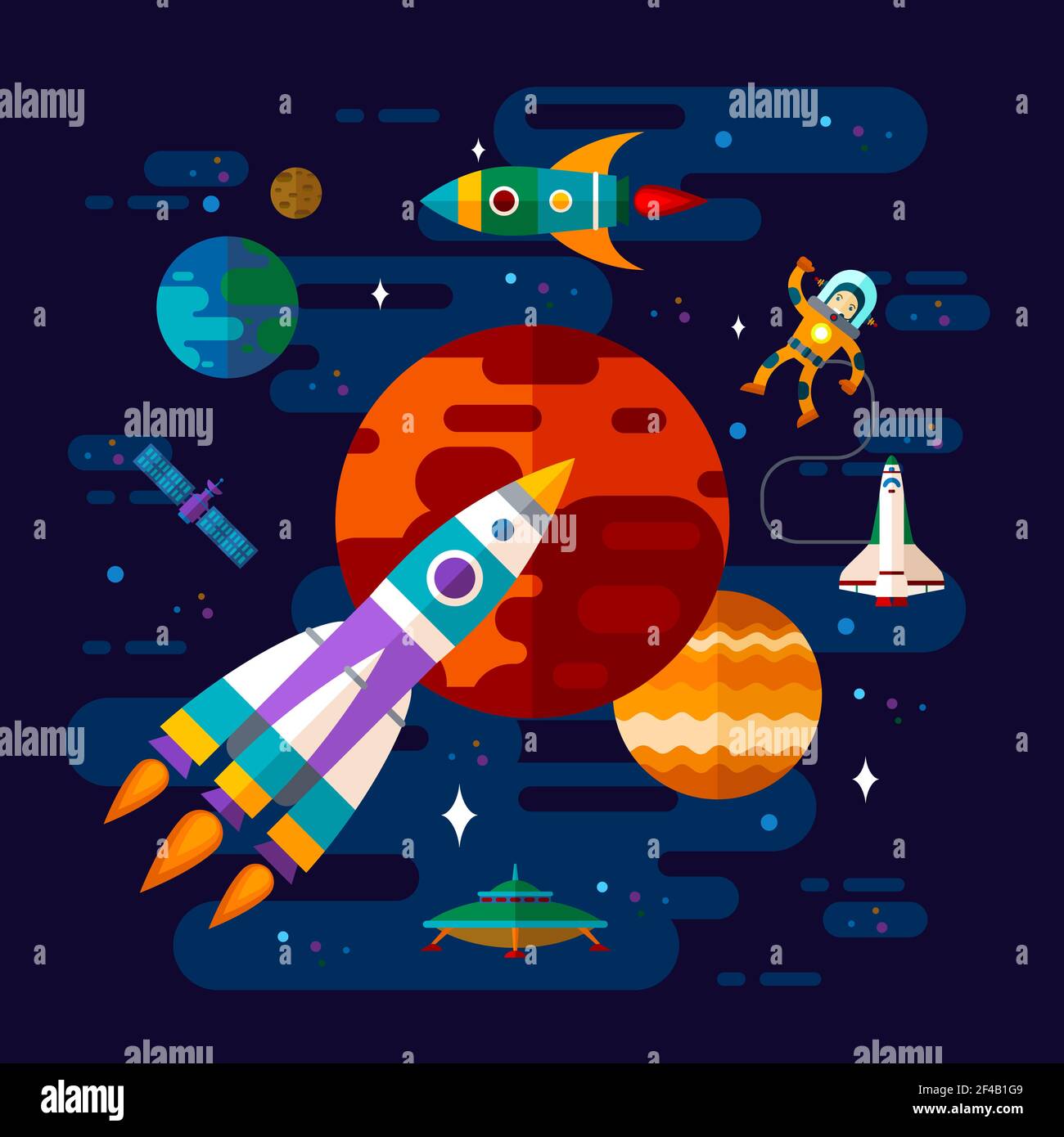 Vector flat space elements spaceships planet satellite astronaut Stock ...