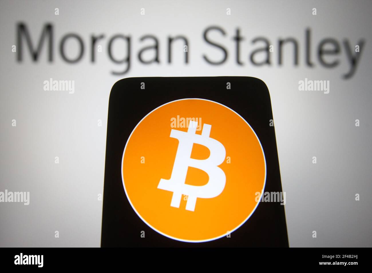 In this photo illustration, Bitcoin cryptocyrrency sign seen on a  smartphone screen with the Morgan Stanley logo of US bank in the  background. (Photo by Pavlo Gonchar / SOPA Images/Sipa USA Stock