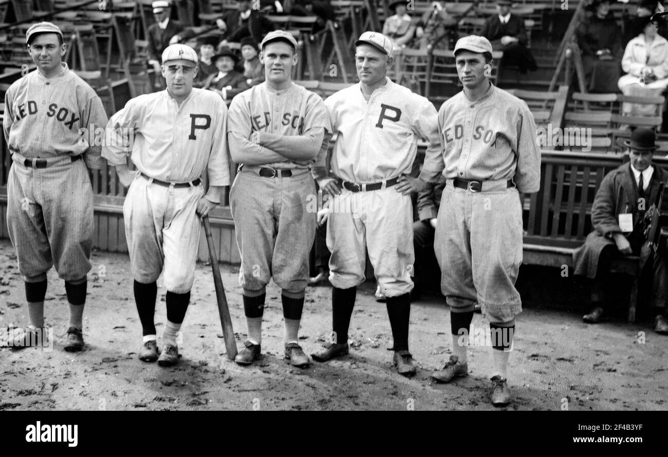 Duffy Lewis, Dutch Leonard, & Harry Hooper of Boston AL; Ed Burns & Gavvy Cravath of Philadelphia NL ca. 1915 Stock Photo