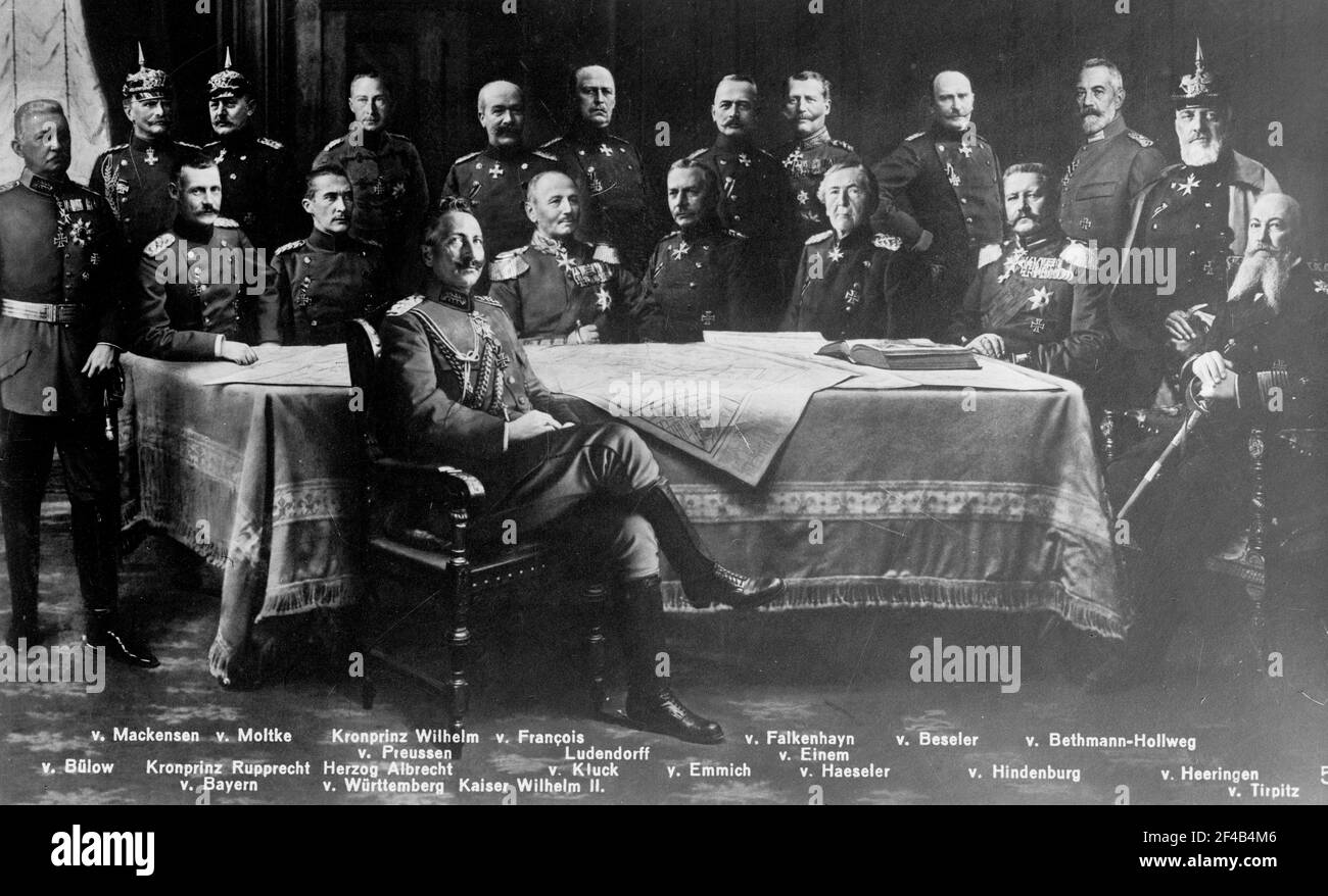 Standing left to right: von Bulow, von Mackensen, von Molike, Crown Prince William of Prussia, von Francois, Ludendorff, von Falkenheyn, von Eimen, von Beseler, von Bethman-Hollweg, von Heeringen. Seated left to right: Crown Prince Rupprecht Stock Photo