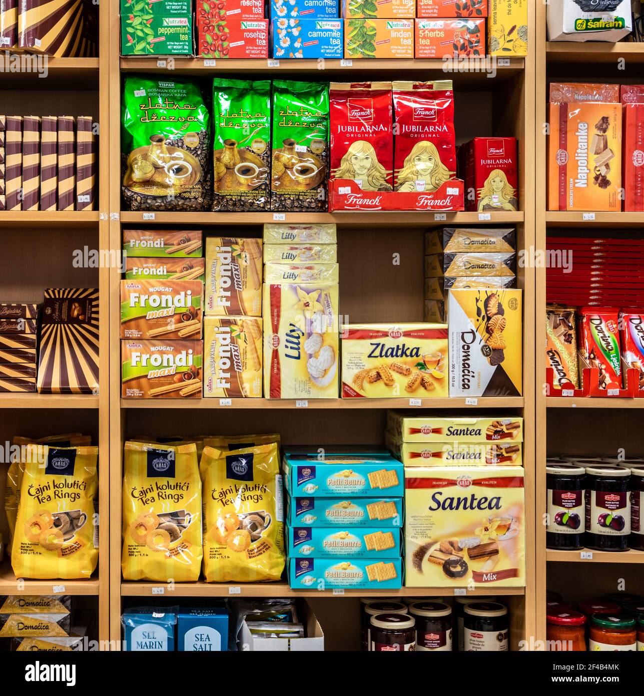 VANCOUVER, BC, CANADA - DECEMBER 16, 2020: Assortment of Croatian food products on shelf in a specialized store for Croatia heritage. Such as coffee, Stock Photo