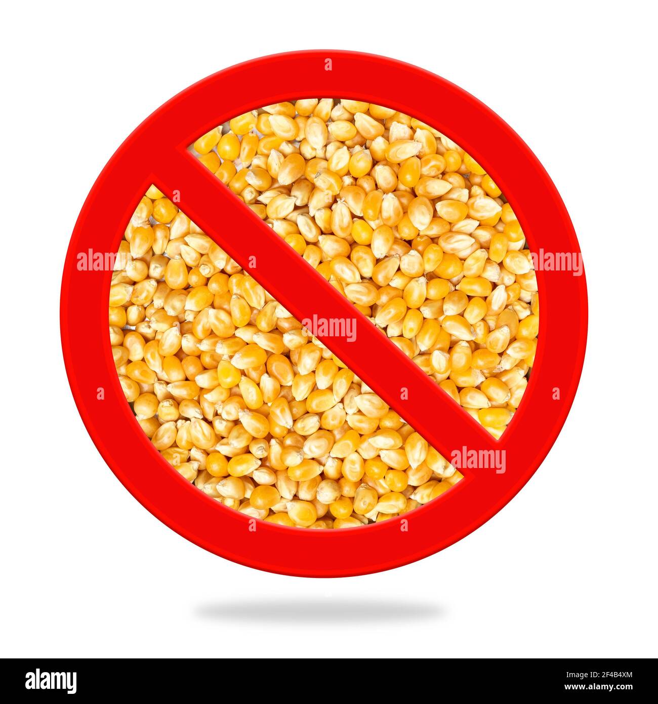 No corn sign. Red circular stop sign with corn kernels inside. Concept for corn gluten meal in pet food industry, corn by-products in food or corn-fre Stock Photo