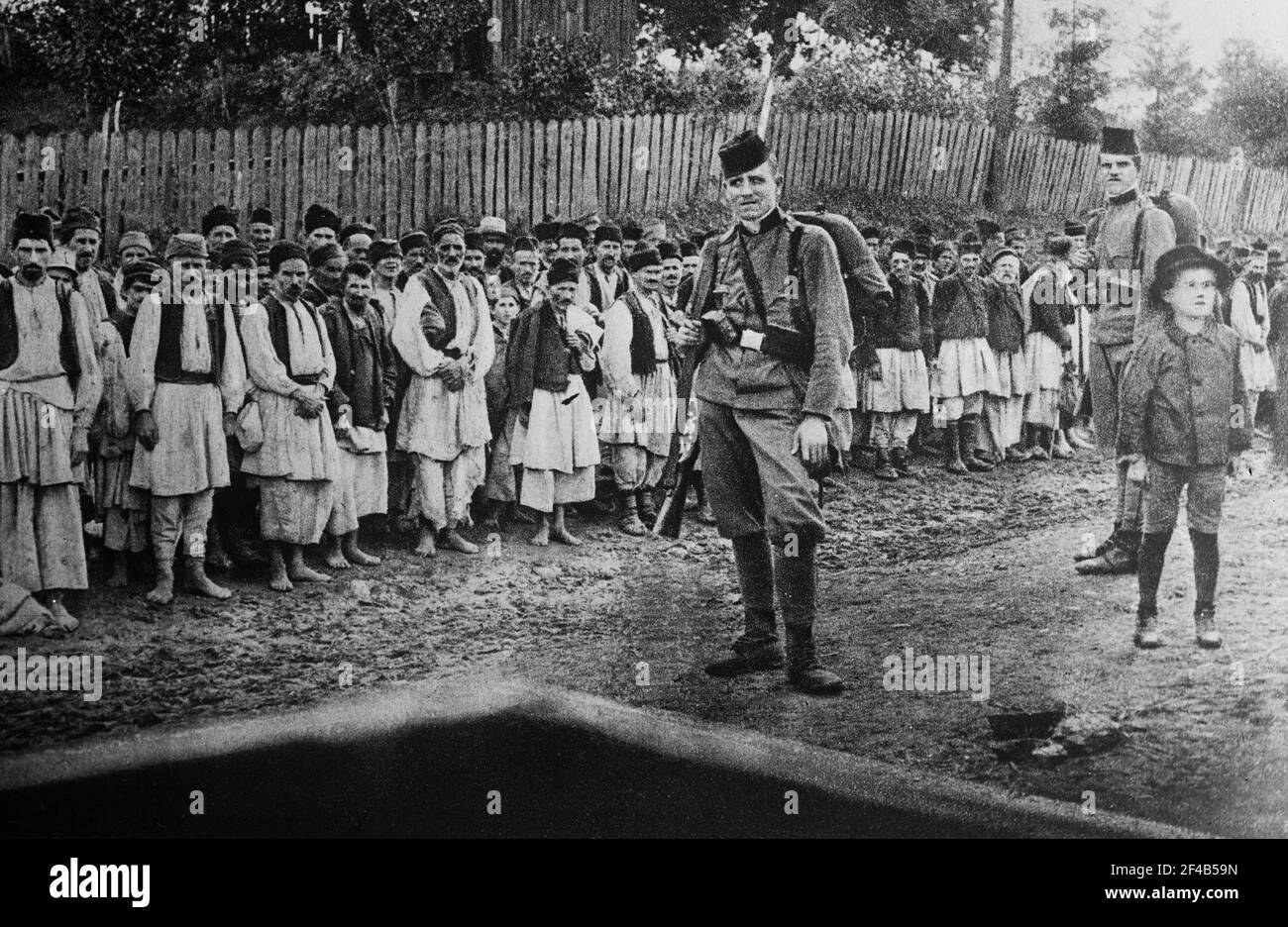 Serbian men, possibly civilians, taken prisoner at Kreka, near Tuzla, Austro-Hungarian Empire (now in Bosnia-Herzogovina) during World War I ca. 1914-1915 Stock Photo