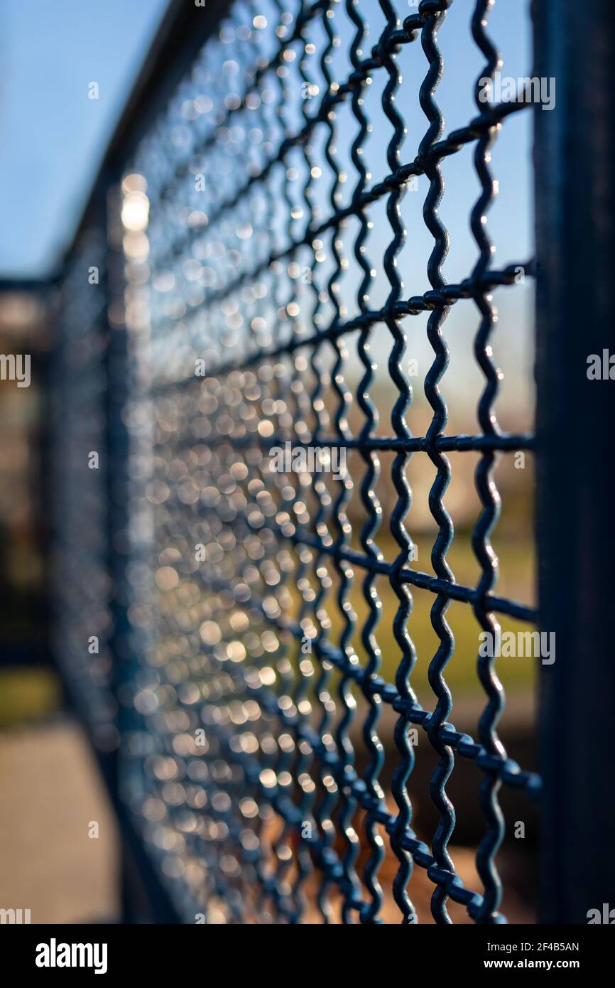 Abstract railing texture with bokeh and lights dapples. Defocused perspective view of blue metal park fence with bright blue and green background. Stock Photo