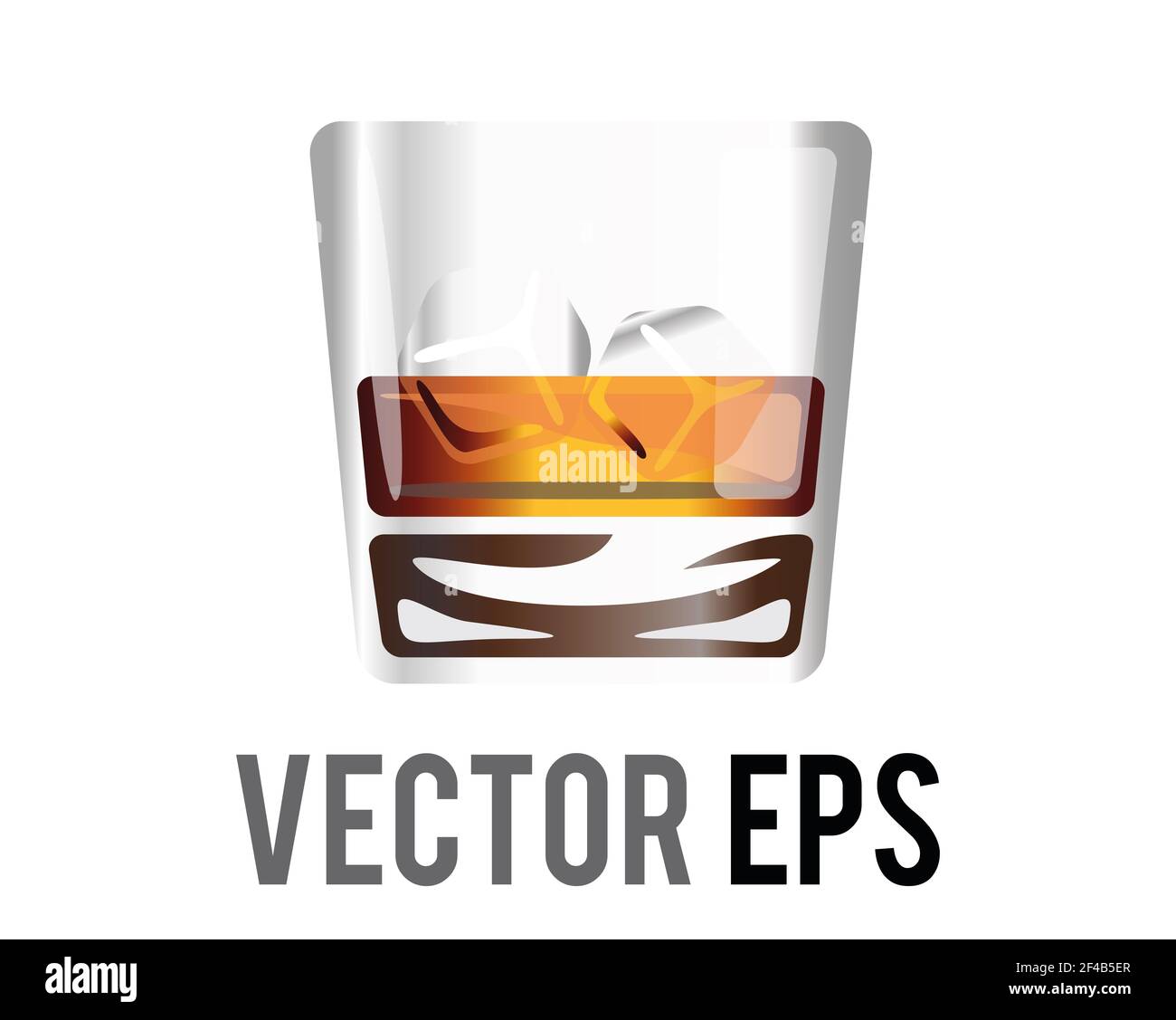 The isolated vector short flat tumbler glass of brown liquor Scotch whiskey icon with ice cube Stock Photo