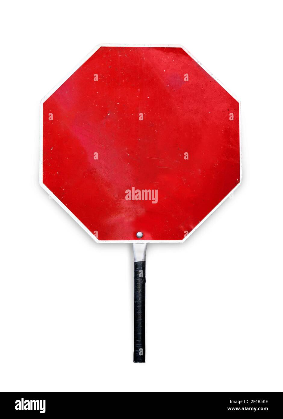 Blank stop sign used for traffic control by crossing guards, police or work zones. Hand-held paddle stop sign template or mockup. Aged red metal textu Stock Photo