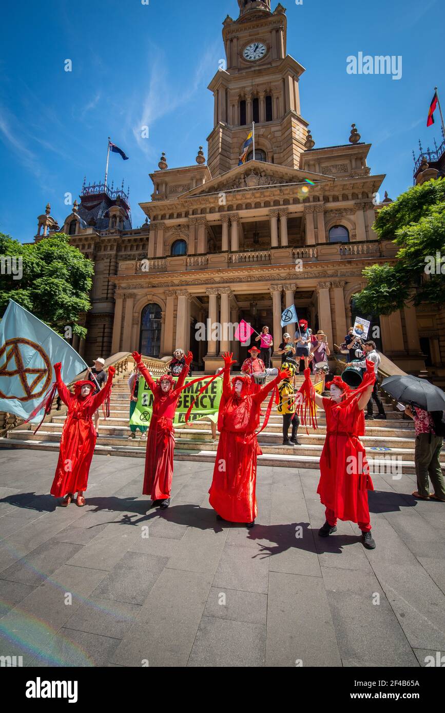 Sydney, Australia - March 13, 2021 - Extinction Rebellion Sydney march through the CBD to protest in front of Sydney's Town Hall. Stock Photo