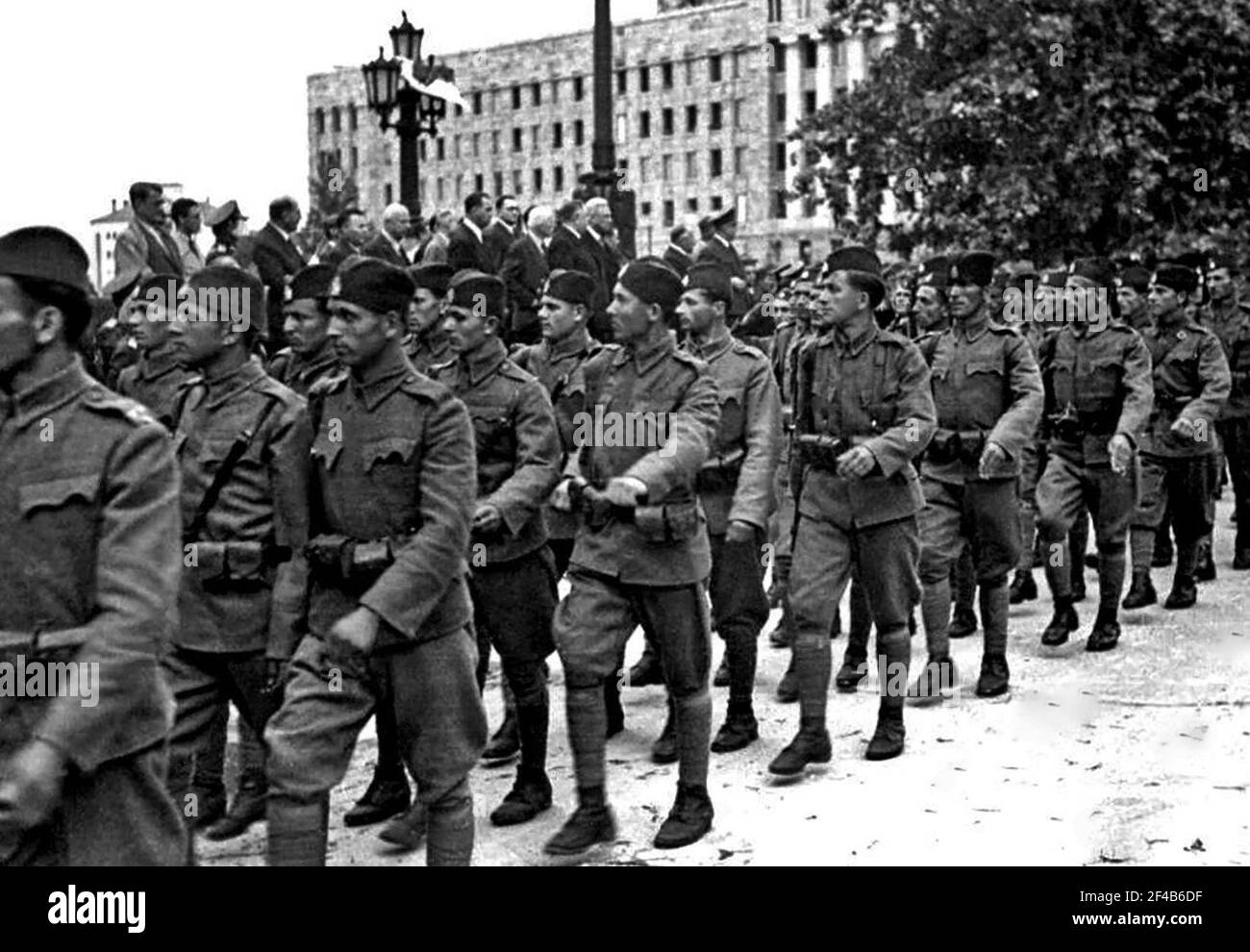 A Serbian State Guard unit parading in front of the parliament, Belgrade 1944 Stock Photo
