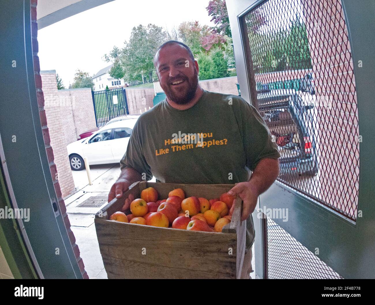 Bigg Riggs Farm owner Calvin Riggleman brought three varieties of apples in several crates to Nottingham Elementary School in Arlington, VA, for a National School Lunch Week event on Wednesday, October 12, 2011. Farmers from Bigg Riggs Farm in Hampshire County, WV, and Maple Avenue Market Farm in Vienna, VA were very popular with the students. Today's menu included roasted chicken, roasted butternut squash with dried cranberries, farm fresh mixed lettuce salad, turkey wraps, pita wedges, hot muffins, carrots, asian pears and more. Stock Photo