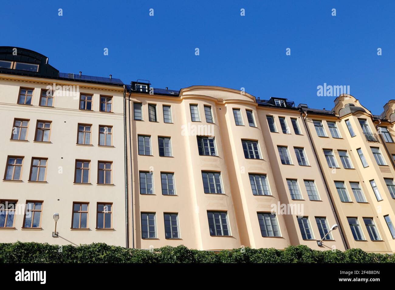 Low angle view of an old multi storey residential building. Stock Photo