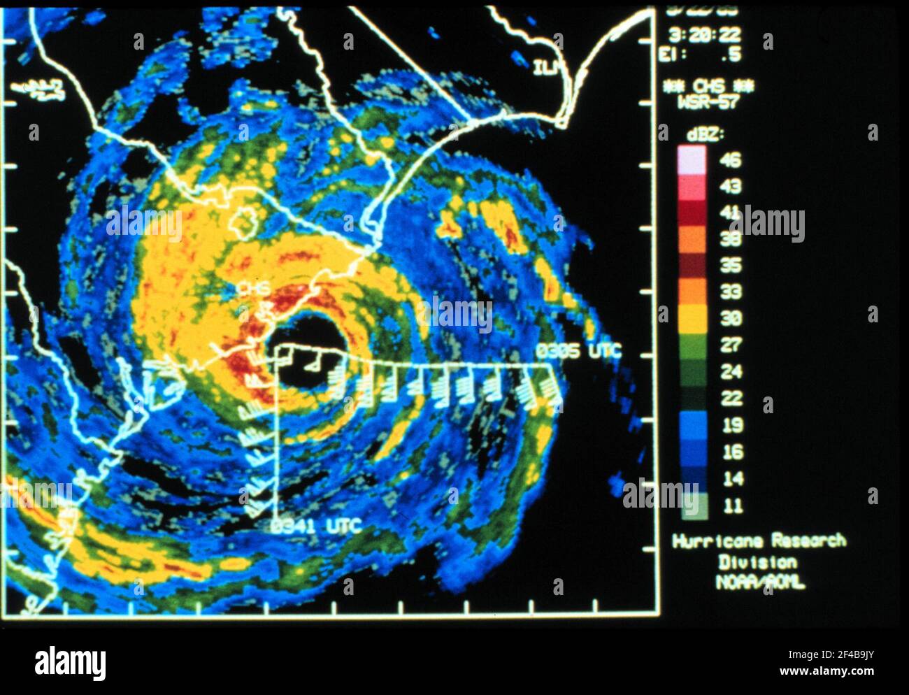 Digitized Charleston WSR-57 radar image of Hurricane Hugo with superimposed winds ca. 1989 Stock Photo