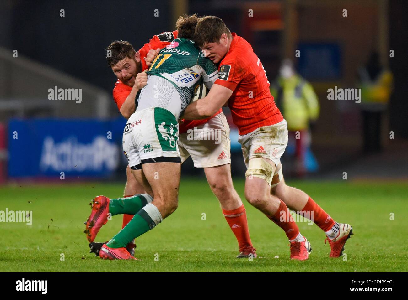 Limerick, Ireland. 19th Mar, 2021. Angelo Esposito of Benetton tackled by Jack O'Donoghue of Munster and Liam O'Connor of Munster during the Guinness PRO14 Round 16 match between Munster Rugby and Benetton Rugby at Thomond Park in Limerick, Ireland on March 19, 2021 (Photo by Andrew SURMA/SIPA USA) Credit: Sipa USA/Alamy Live News Stock Photo