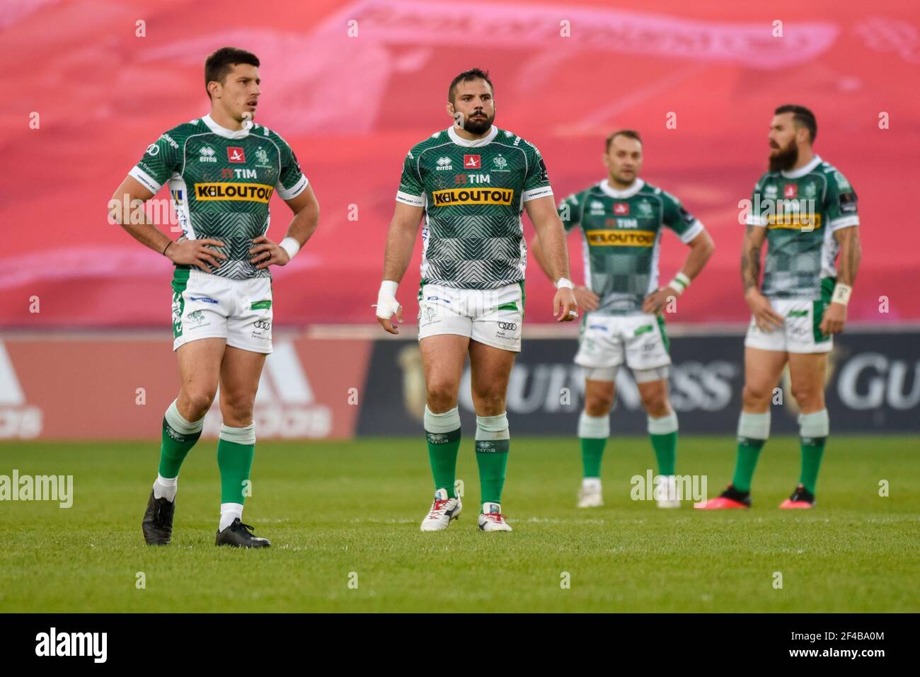 Limerick, Ireland. 19th Mar, 2021. Benetton Treviso players during the  Guinness PRO14 Round 16 match between Munster Rugby and Benetton Rugby at  Thomond Park in Limerick, Ireland on March 19, 2021 (Photo