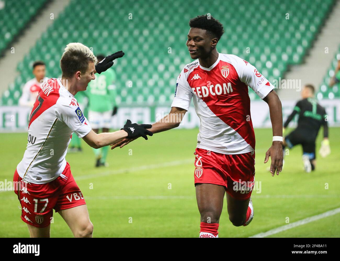 Aurelien Tchouameni of Monaco celebrates his goal with Aleksandr Golovin  during the French championship Ligue 1 football match between AS  Saint-Etienne (ASSE) and AS Monaco (ASM) on March 19, 2021 at Stade