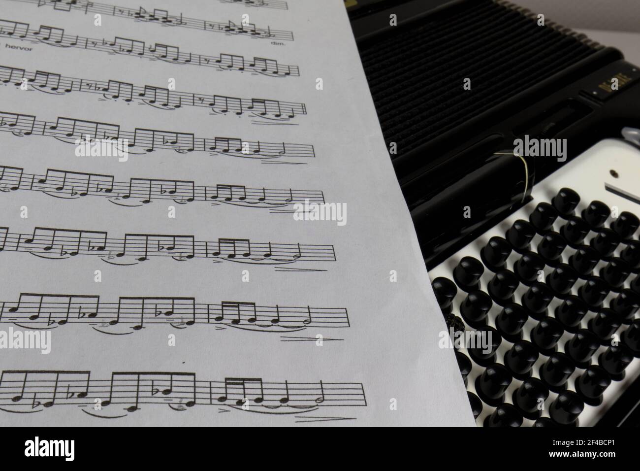 White and black accordion with music notes. Keys and buttons close up Stock Photo