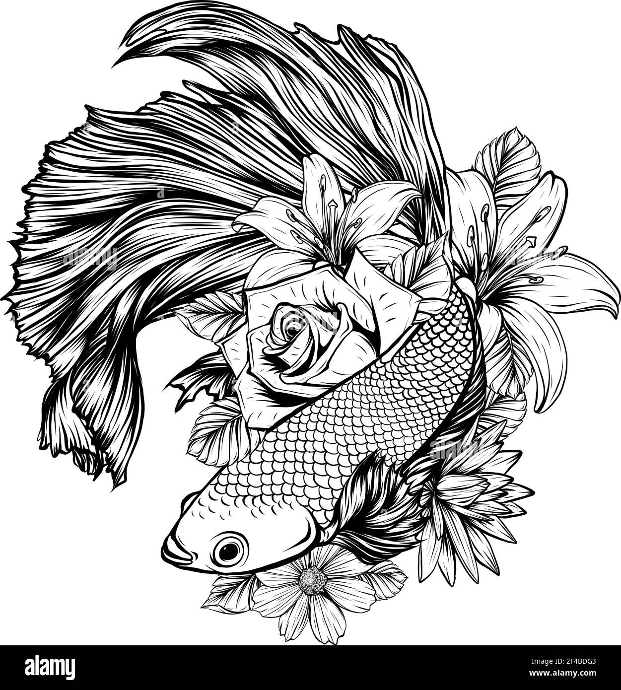 draw in black and white of fish betta splendens with flowers vector illustration Stock Vector