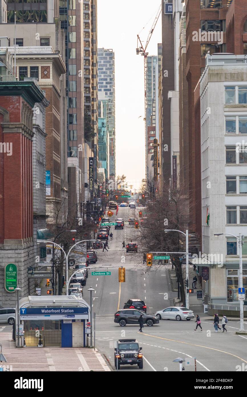 Vancouver downtown cityscape. The Waterfront Station Exit at Howe