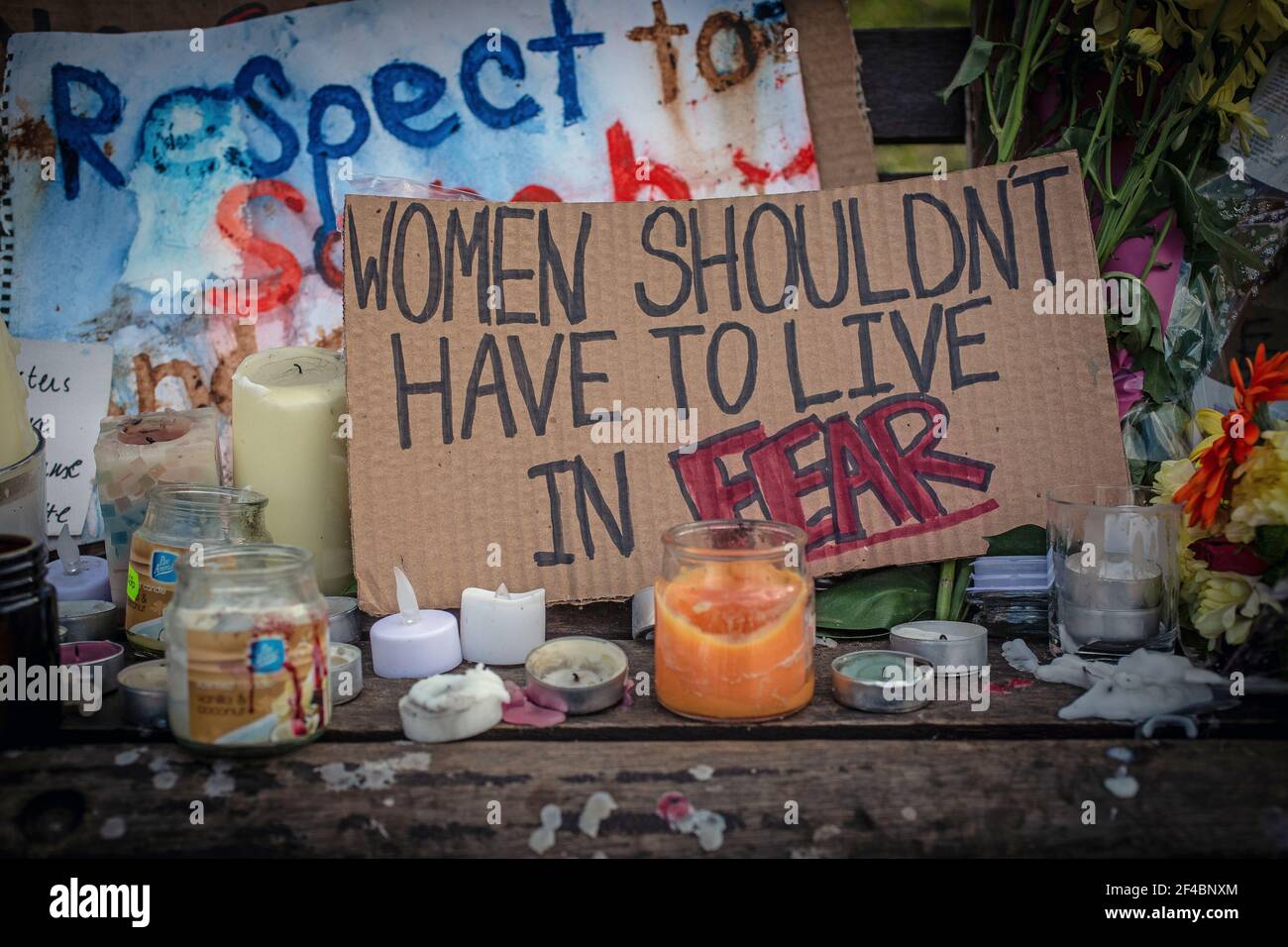 LONDON, ENGLAND - MARCH 19:  Sign in Clapham Common for the Sarah Everard Vigil. Stock Photo
