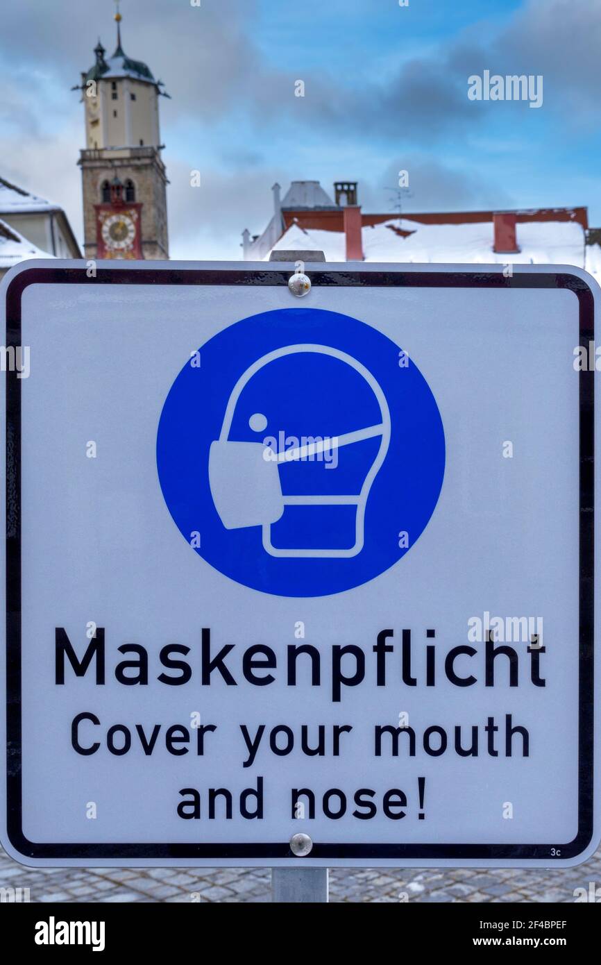 Sign, Mask obligation, Memmingen, Allgau, Swabia, Germany, Europe Stock Photo