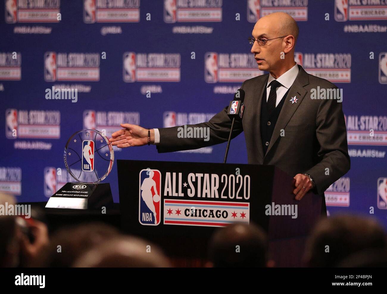 Chicago, USA. 15th Feb, 2020. NBA Commissioner Adam Silver talks during events at NBA All-Star weekend on Feb. 15, 2020, at the United Center in Chicago. (Photo by Chris Sweda/Chicago Tribune/TNS/Sipa USA) Credit: Sipa USA/Alamy Live News Stock Photo