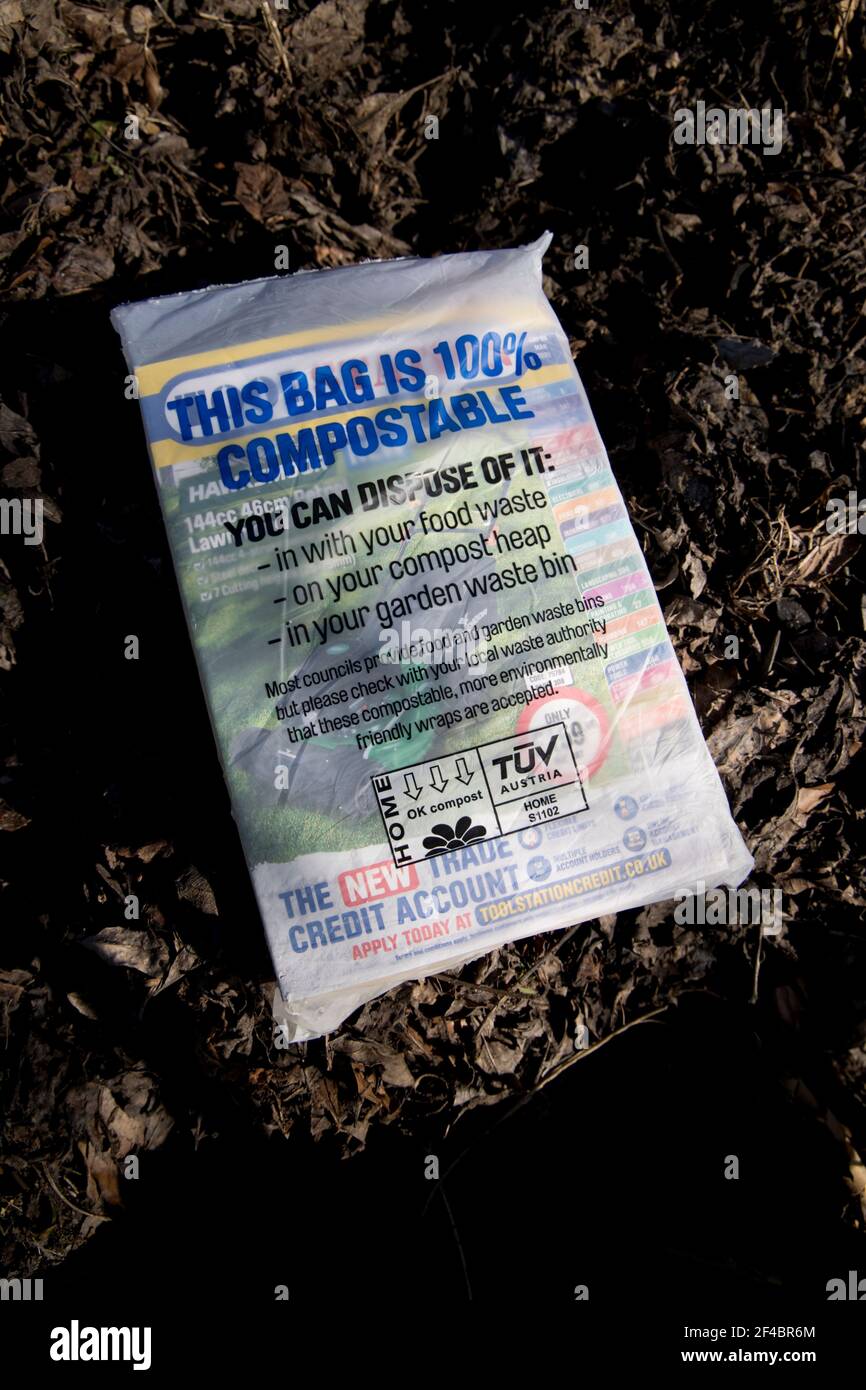 100% compostable mailing bag on compost heap UK Stock Photo