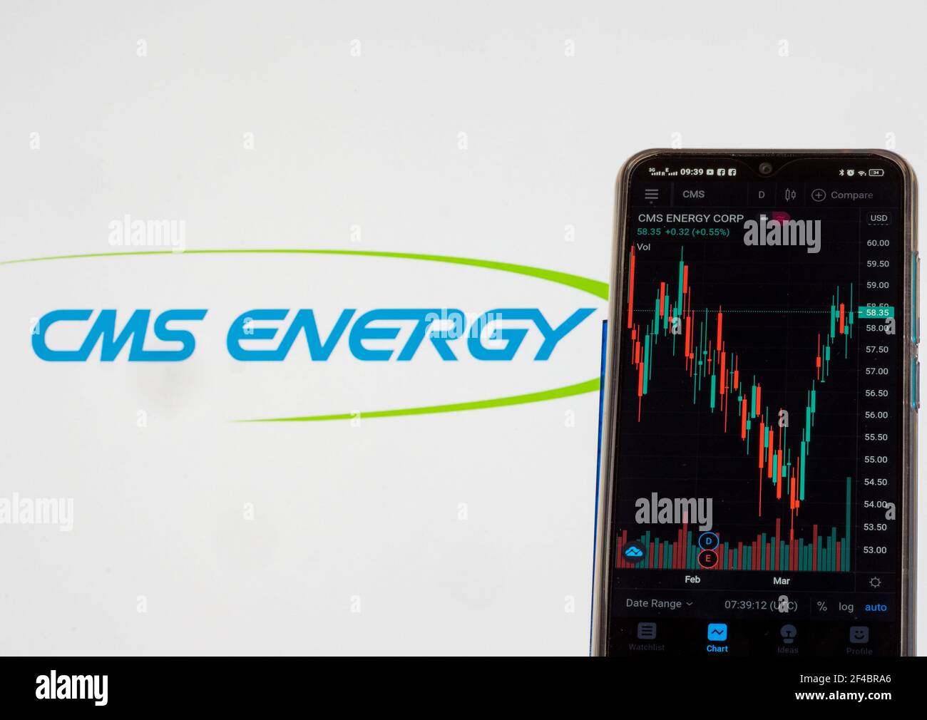 Ukraine 20th Mar 2021 In This Photo Illustration The Stock Market Information Of Cms Energy Corporation Seen Displayed On A Smartphone With The Cms Energy Corporation Logo In The Background Credit Igor