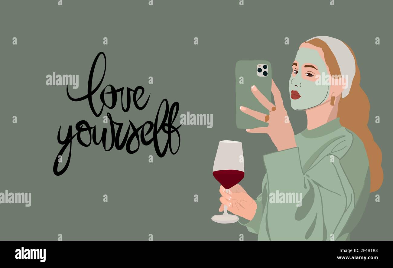 Illustration of a young woman enjoying her beauty ritual day with a facial mask and a glass of wine taking a selfie. Love Yourself Quote 2021. Stock Photo