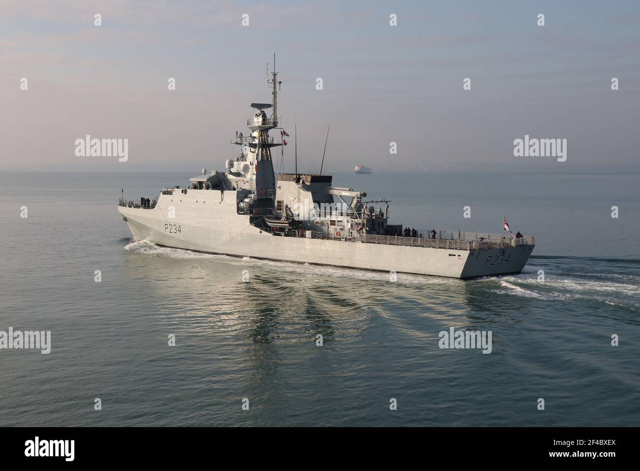 The Royal Navy Batch 2 River class offshore patrol vessel HMS SPEY (P234) leaving harbour to continue Fleet Operational Sea Training Stock Photo