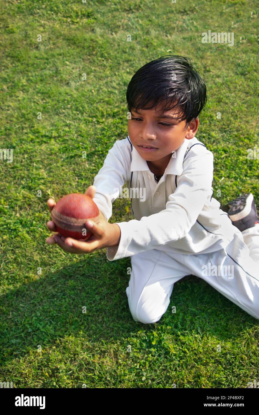 Boy catching cricket ball in the ground Stock Photo Alamy