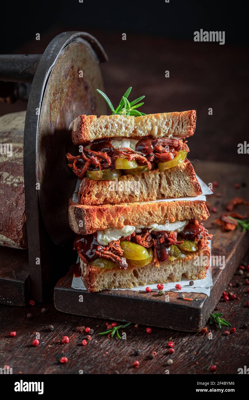 Tasty sandwich with pulled pork and pickles with sauce and rosemary