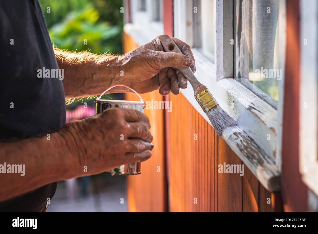 House improvement. Senior craftsperson is painting wooden window frame using paintbrush. Old man working outdoors. Stock Photo