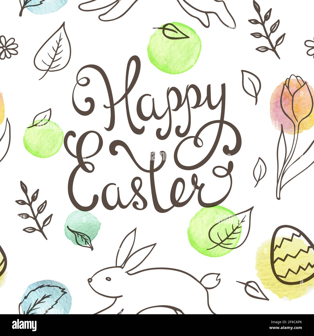 Hand drawn doodle Easter seamless pattern with rabbit and leaves on a white background Stock Vector