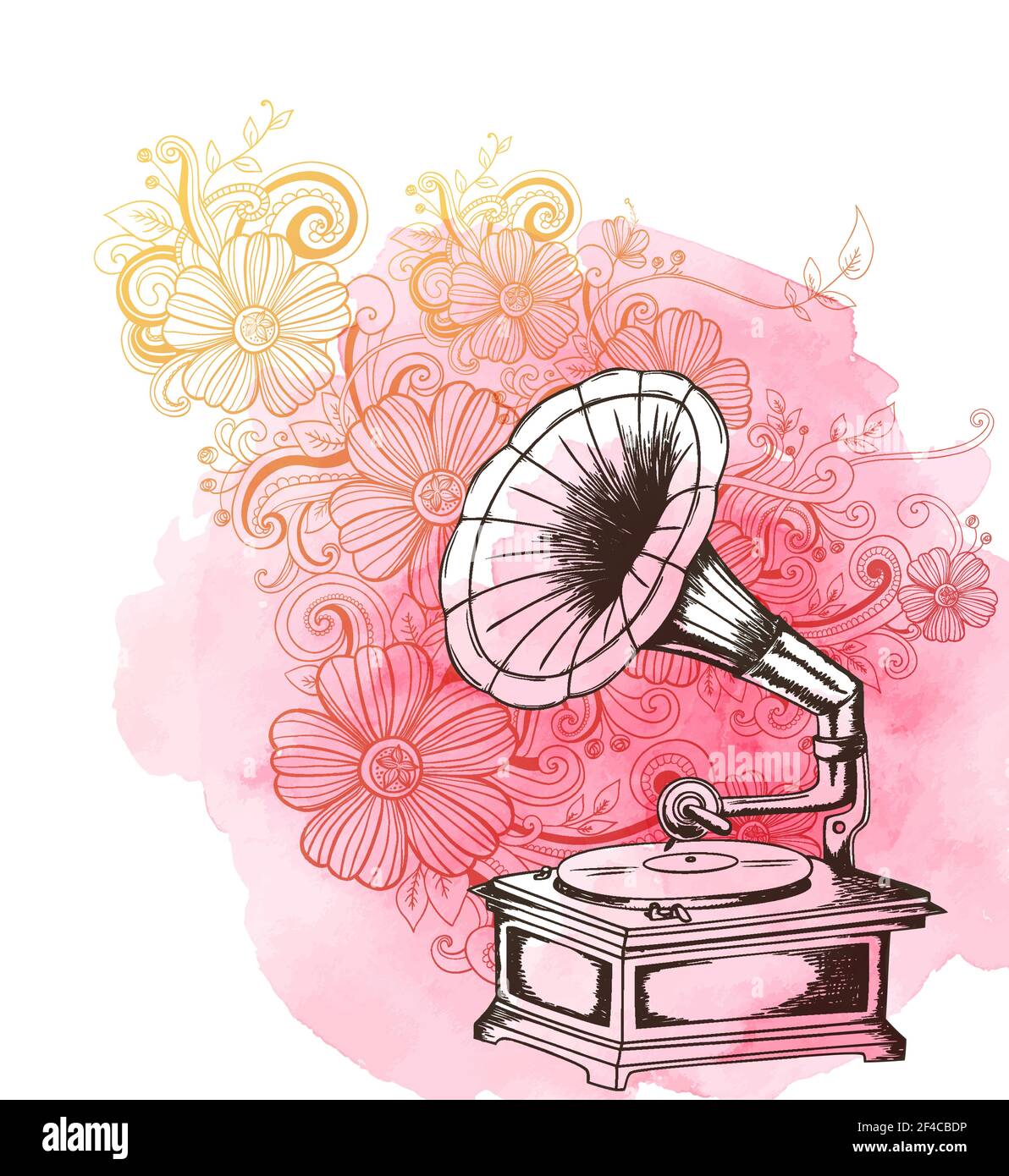 Abstract music background with vintage gramophone, flowers and pink watercolor texture. Hand drawn vector illustration. Music background with vintage gramophone Stock Vector