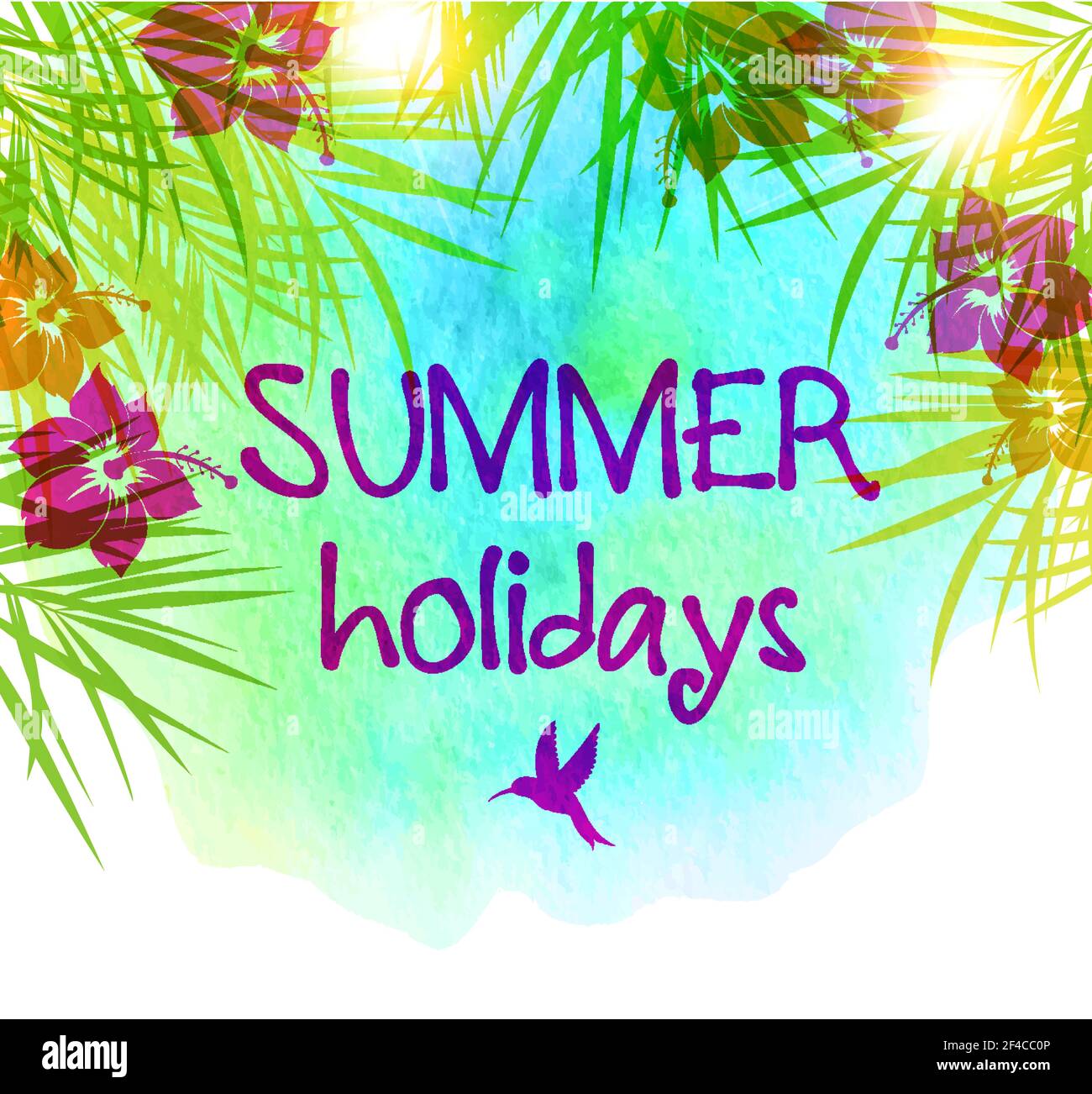Summer floral vector tropical watercolor background with green palm ...