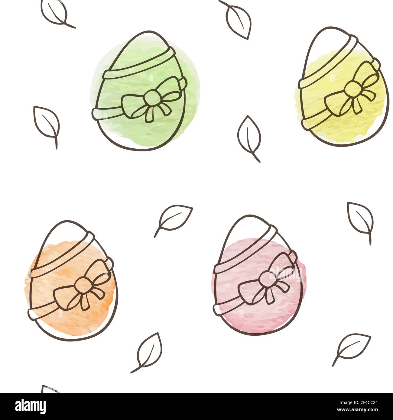 Hand drawn doodle Easter seamless pattern with eggs and watercolor blots on a white background Stock Vector