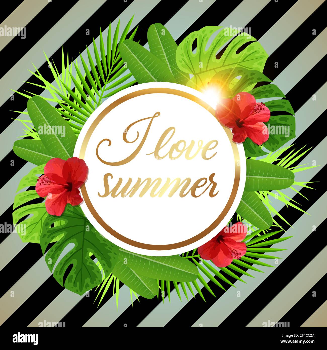 Summer tropical banner with green palm leaves and red hibiscus flowers ...