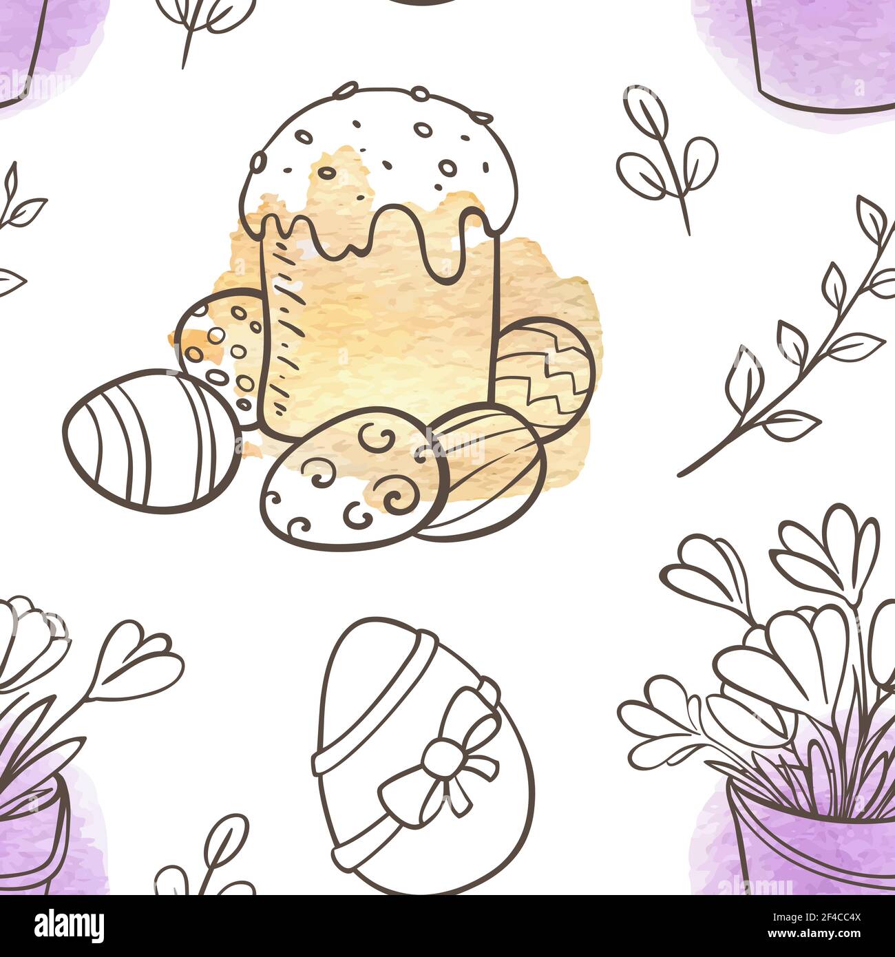 Hand drawn doodle Easter seamless pattern with cake and flowers on a white background Stock Vector