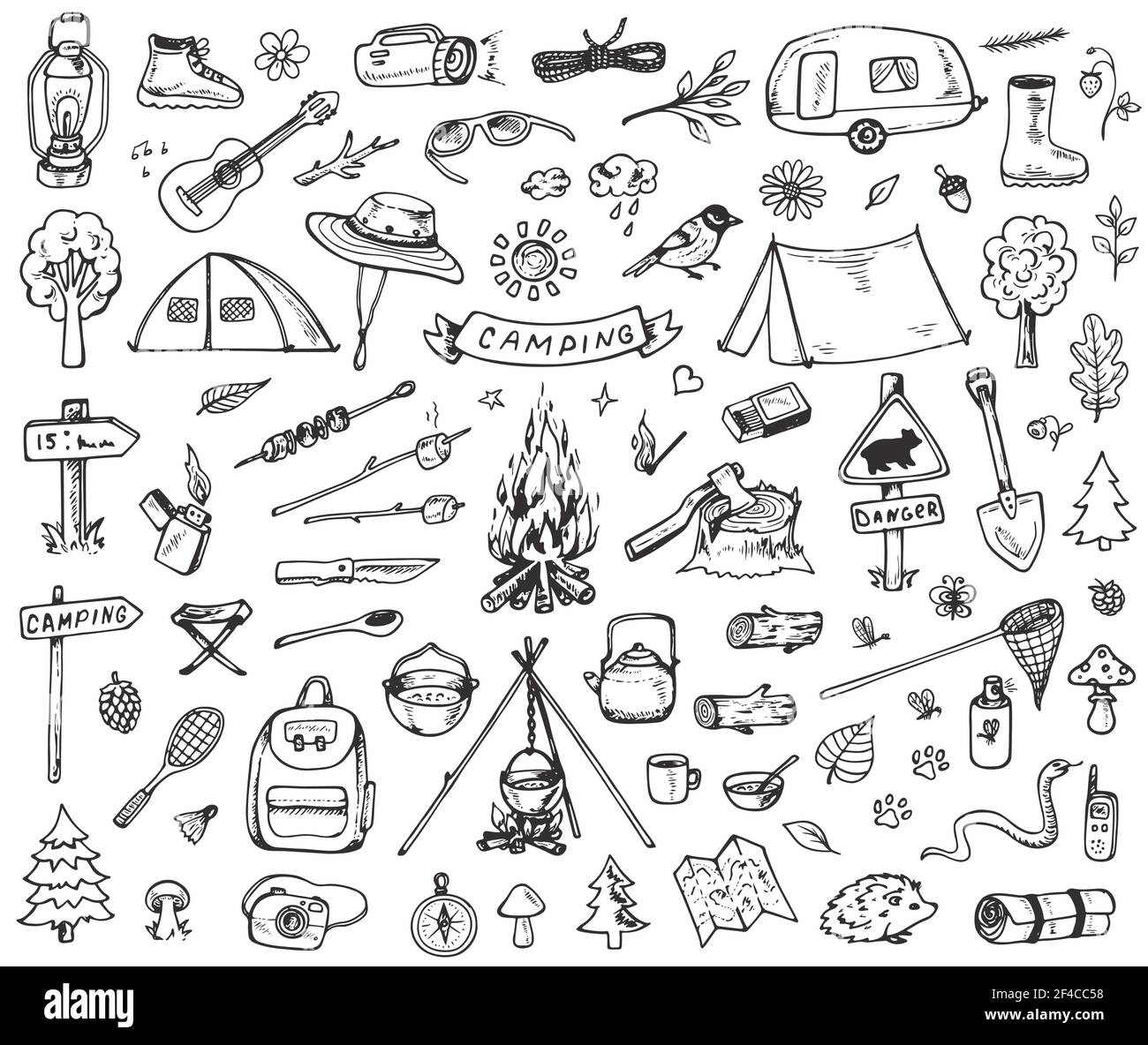 Set of doodle forest camping design elements. Hand drawn vector ...