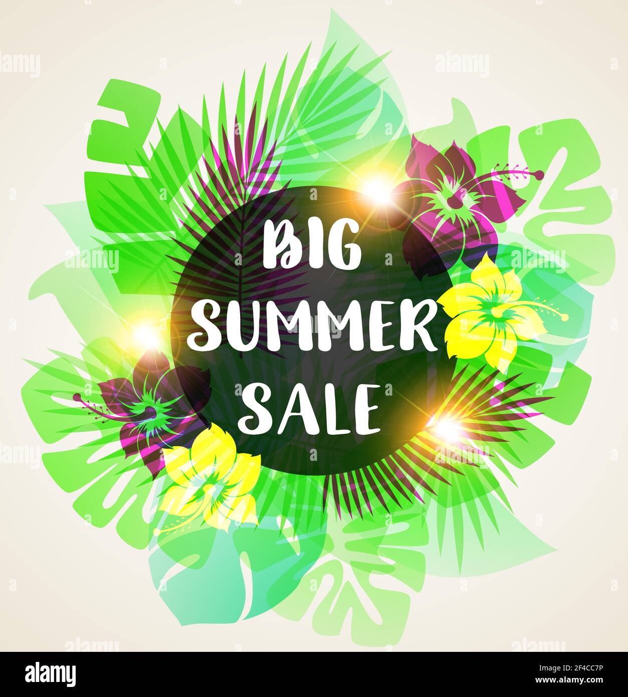 Summer floral vector tropical background with green palm leaves and ...