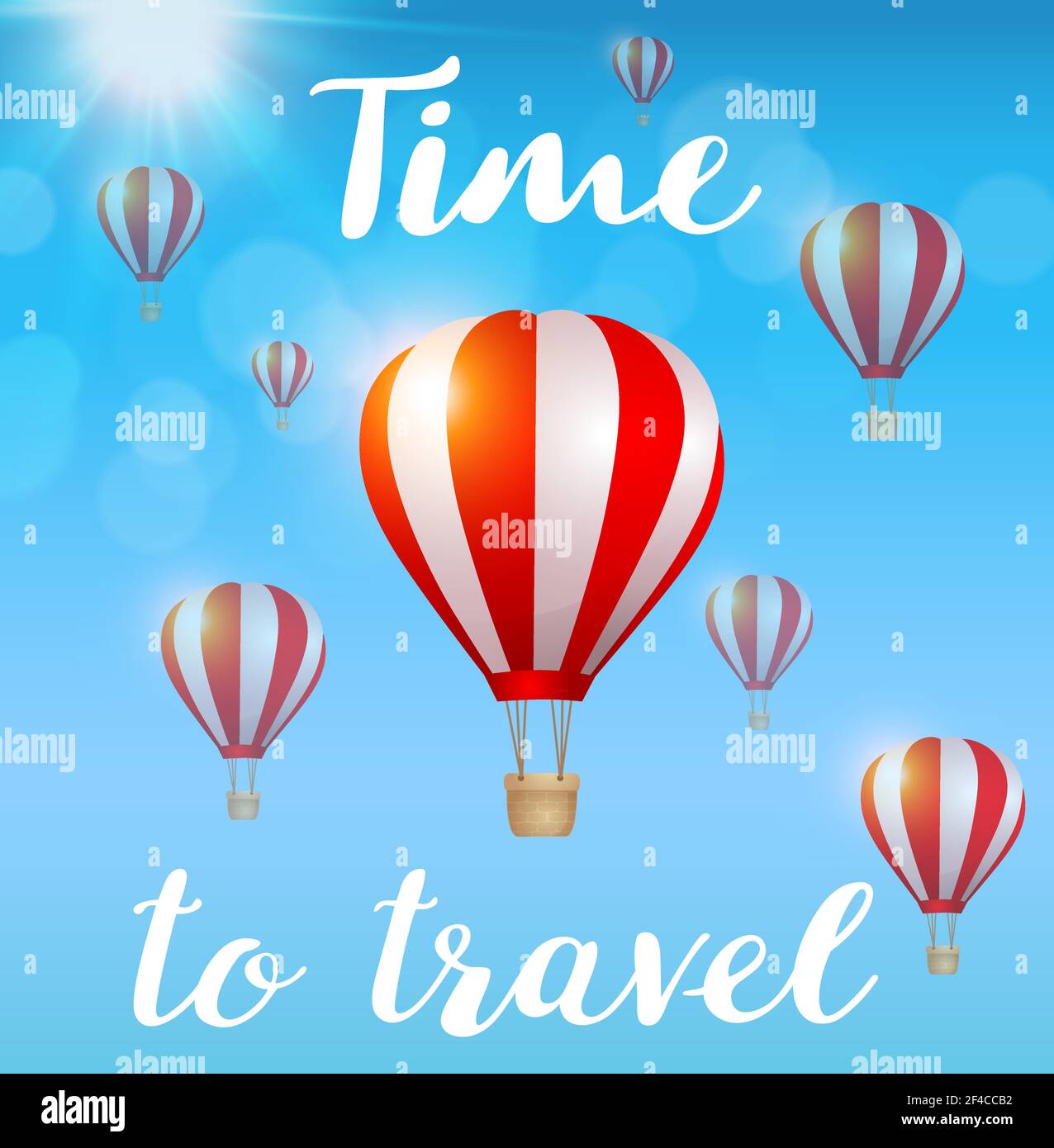Red air balloons flying in the blue sky and lettering. Travel concept. Vector illustration.. Red air balloons flying in the blue sky Stock Vector