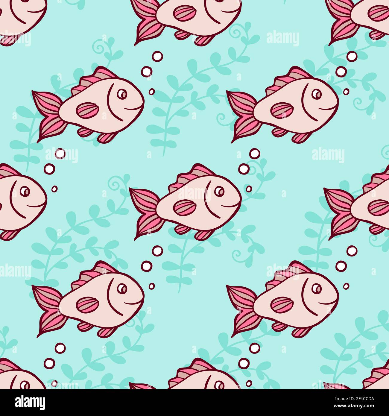 Marine seamless pattern with fish and air bubbles on a green background ...