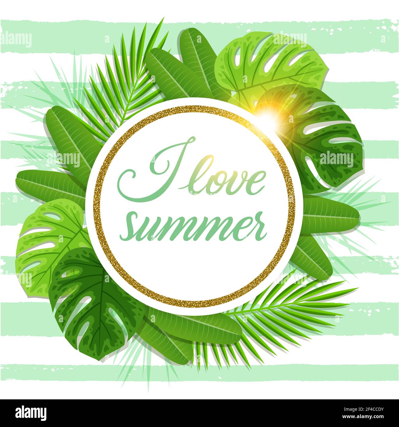 Summer floral vector tropical background with green palm leaves. I love ...