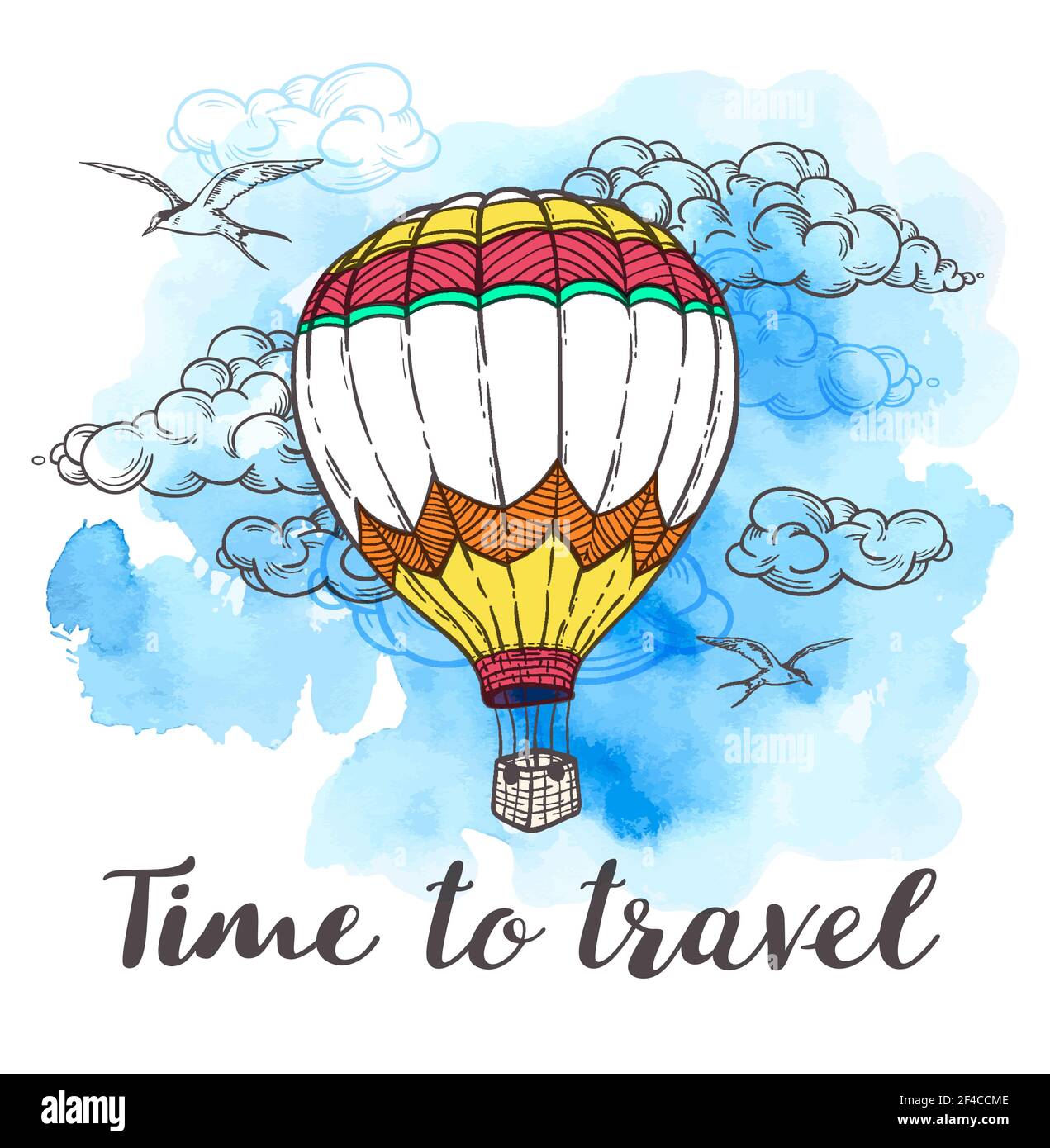 Vintage travel background with air balloon, clouds and blue watercolor texture. Time to travel lettering. Hand drawn vector illustration.. Air balloon and blue watercolor texture. Stock Vector