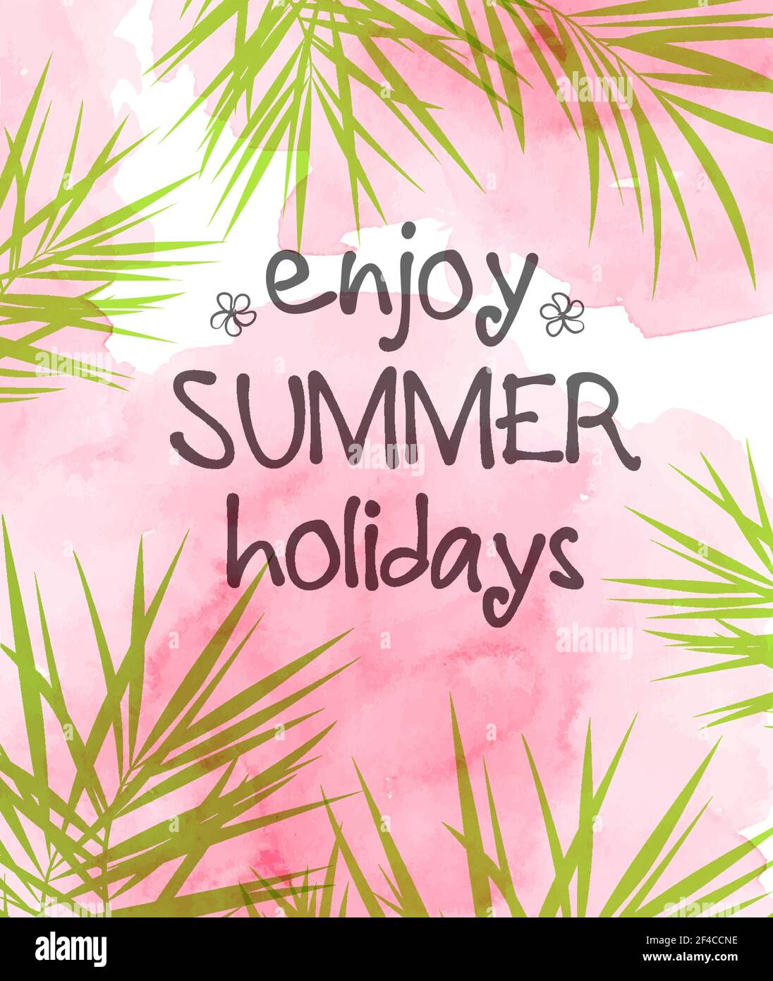 Summer tropical background with green palm leaves and pink watercolor ...